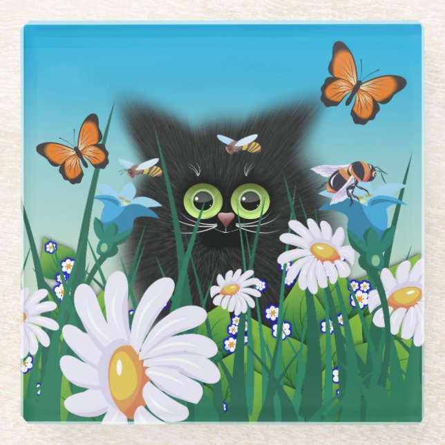 Dessous-de-verre En Verre Cute Fluffy Black Kitten et Daisy Art (Devant)