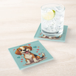 Dessous-de-verre En Verre Cute Kawaii Beagle avec Coeurs Jouer Chien
