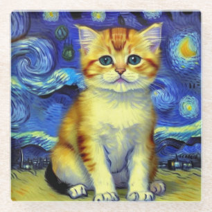Dessous-de-verre En Verre Cute Kitten Starry Night Van Gogh