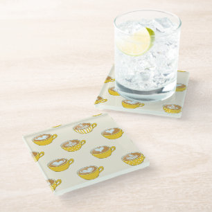 Dessous-de-verre En Verre Cute Latte Art en Motif de tasses de café jaune
