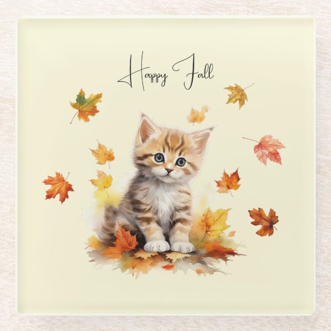 Dessous-de-verre En Verre Cute Orange Tabby Kitten dans les feuilles d'autom (Devant)