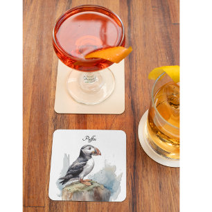 Dessous-de-verre En Verre Cute Puffin sur un rocher, personnalisable
