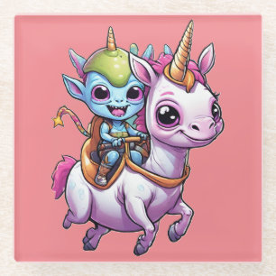 Dessous-de-verre En Verre Cute Space Alien équitation licorn drôle UFO