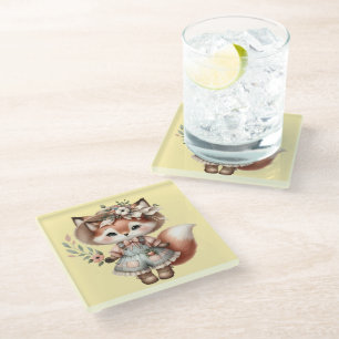 Dessous-de-verre En Verre Cute Woodland Fox Girl portant Cottagecore tenue