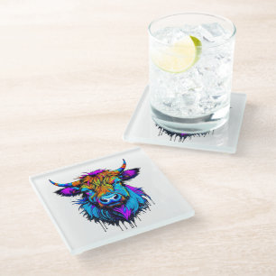 Dessous-de-verre En Verre Cyberpunk Coloré Ai Highland Cow