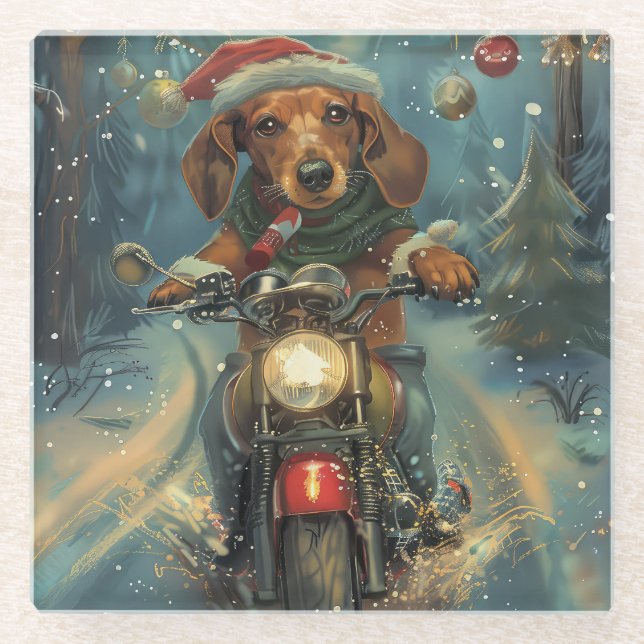 Dessous-de-verre En Verre Dachshund Chien équitation moto Noël (Devant)