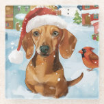 Dessous-de-verre En Verre Dachshund Winter Wonderland Christmas Joy<br><div class="desc">Ce design festif reflète l'esprit joyeux de la période des fêtes, avec un adorable petit portant un chapeau de Père Noël. Le chien est niché dans un pays des merveilles hivernales, avec un bonhomme de neige, un sapin de Noël décoré et des cadeaux joliment emballés. Les flocons de neige tombent...</div>
