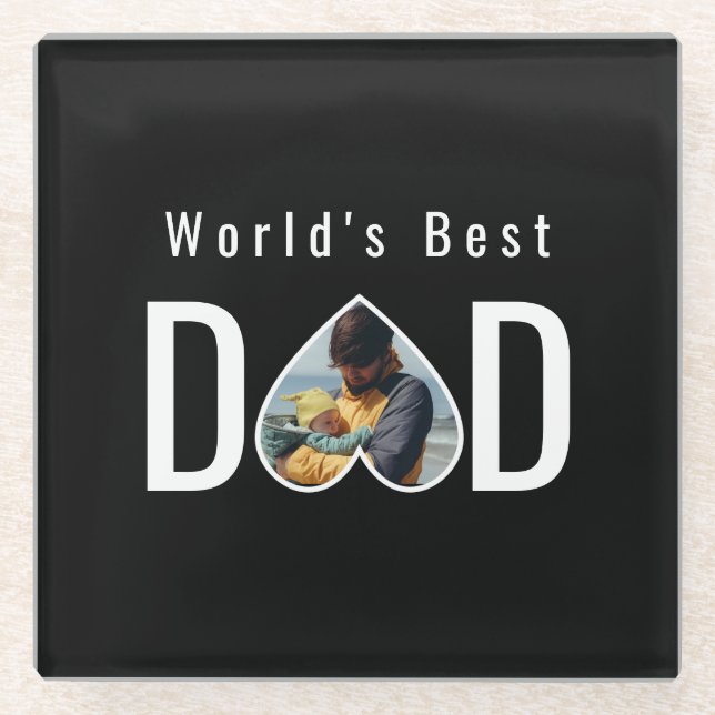 Dessous-de-verre En Verre Dad Photo in Black Heart Frame Modern Text (Devant)