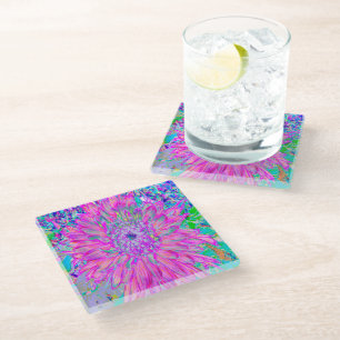 Dessous-de-verre En Verre Dahlia en fleurs artistique rose bleu et violet Co