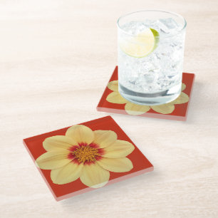 Dessous-de-verre En Verre Dahlia jaune sur la Flore rouge