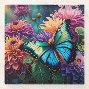 Dessous-de-verre En Verre Dahlias Et Papillon Vert Bleu Iridescente