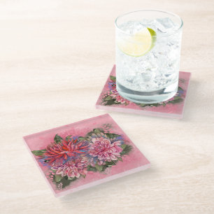 Dessous-de-verre En Verre Dahlias fleurs rose aquarelle