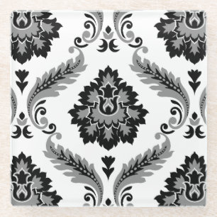 Dessous-de-verre En Verre Damassé Rococo Lg Motif Gris Noir Blanc