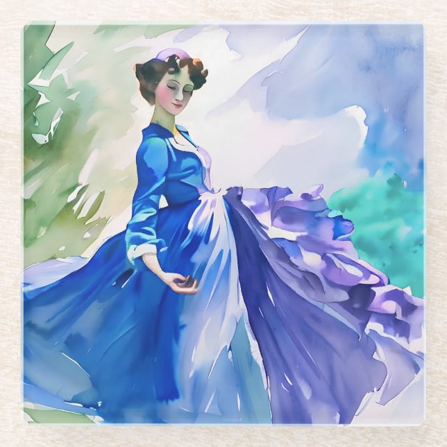 Dessous-de-verre En Verre Dame en Robe Bleue - Peinture aquarelle (Devant)