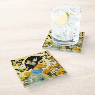 Dessous-de-verre En Verre Dame Vintage, Papillons, Fleurs et Inspirante