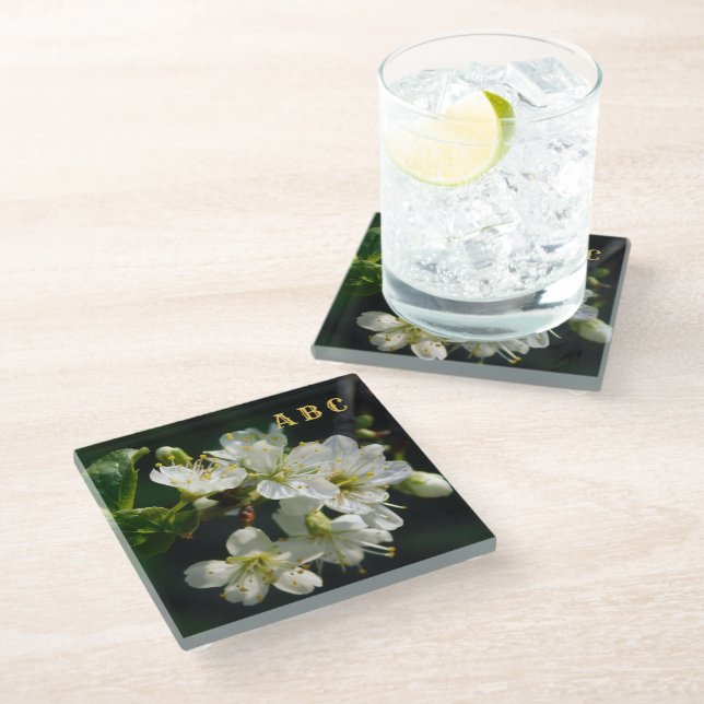 Dessous-de-verre En Verre Dark Botanical White Plum Blossom Glass Coaster (Incliné)