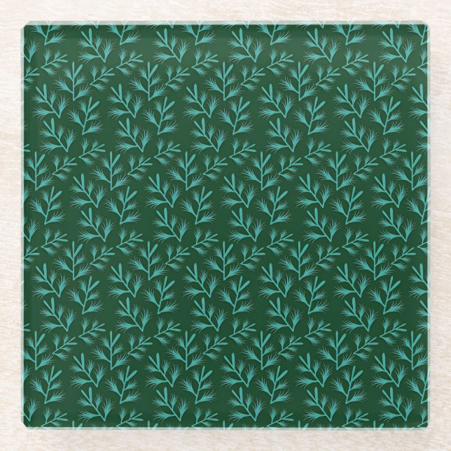 Dessous-de-verre En Verre  Dark Green Background with Teal Botanical Leaves (Devant)