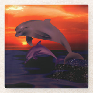 Dessous-de-verre En Verre Dauphins de saut nautique Coucher de soleil orange