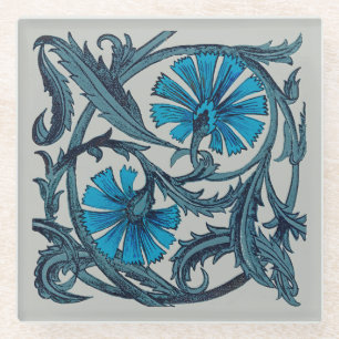 Dessous-de-verre En Verre Décor de carreaux rustique art floral antique bleu
