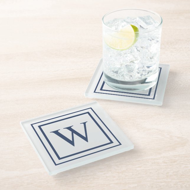 Dessous-de-verre En Verre Deep Navy And White Square Border Monogram  (Incliné)