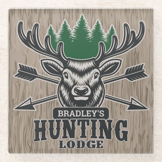 Dessous-de-verre En Verre Deer Elk Hunter AJOUTER NOM Bow Hunter Lodge Cabin (Devant)