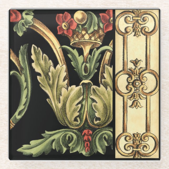 Dessous-de-verre En Verre Design floral ornemental aux frontières noires (Devant)