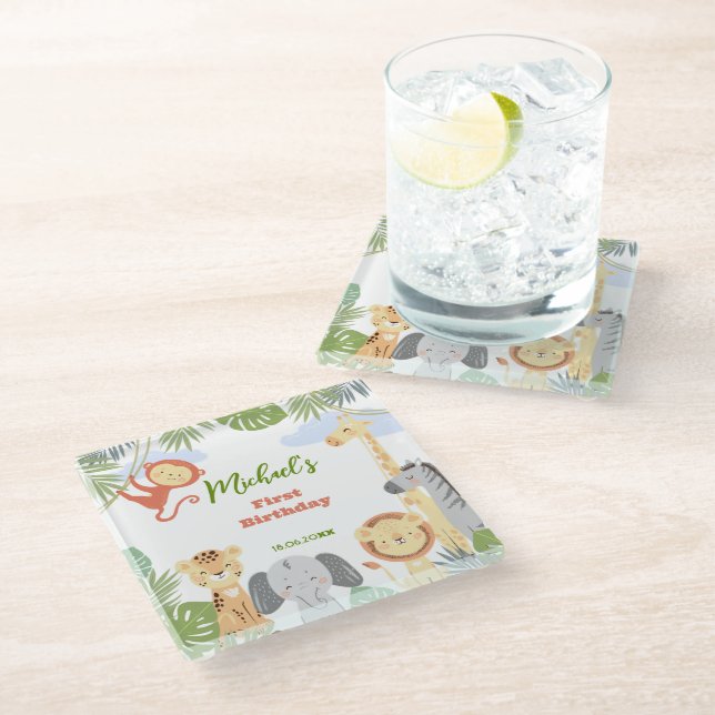 Dessous-de-verre En Verre Dessous de verre 1er anniversaire avec des animaux (Incliné)