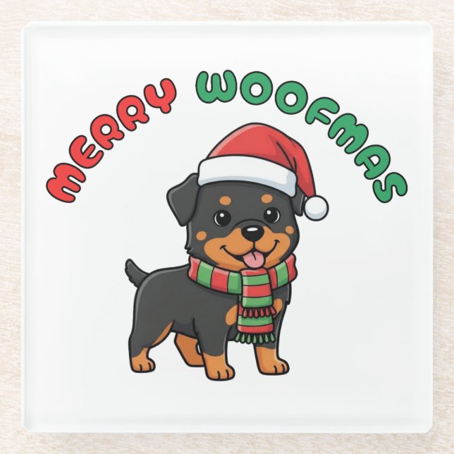 Dessous-de-verre En Verre Dessous de verre de Noël Rottweiler : Joyeux Woofm (Devant)