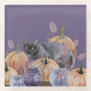 Dessous-de-verre En Verre Dessous de verre en verre de chat noir citrouille