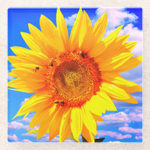 Dessous-de-verre En Verre Dessous de verre en verre de tournesol et abeilles