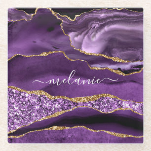 Dessous-de-verre En Verre Dessous de verre en verre marbré or violet personn