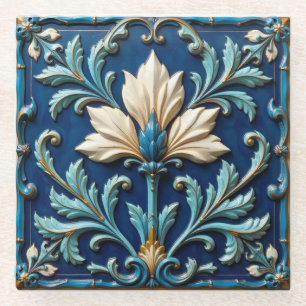 Dessous-de-verre En Verre Dessous de verre floral bleu et blanc