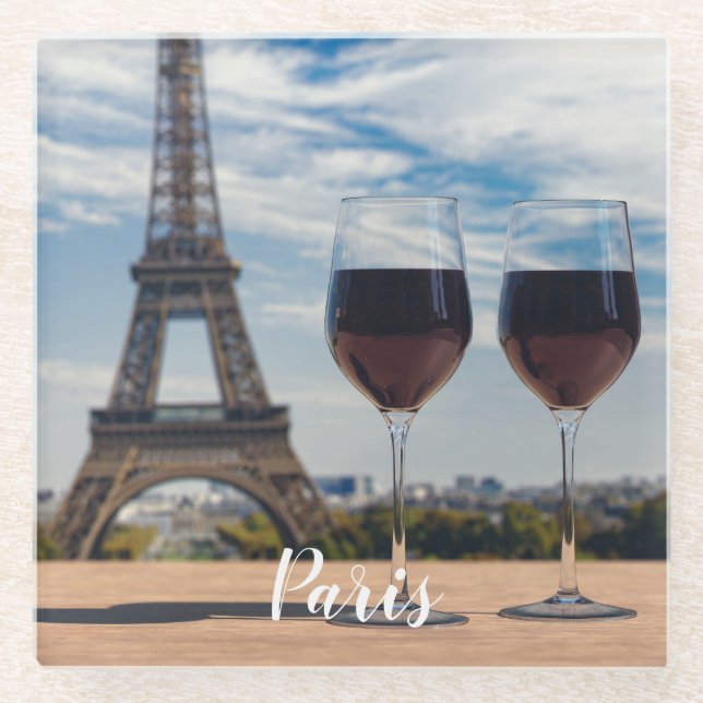 Dessous-de-verre En Verre Deux verres de vin avec la tour Eiffel (Devant)