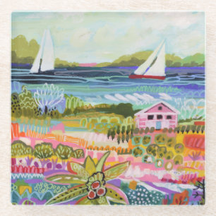 Dessous-de-verre En Verre Deux voiliers et cottages