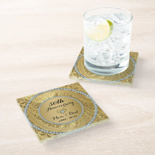 Dessous-de-verre En Verre Diamants Et Flore D'Or. 50e anniversaire du Mariag