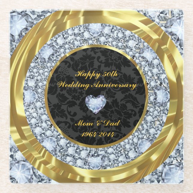 Dessous-de-verre En Verre Diamants incrustés et anneaux dorés. (Devant)