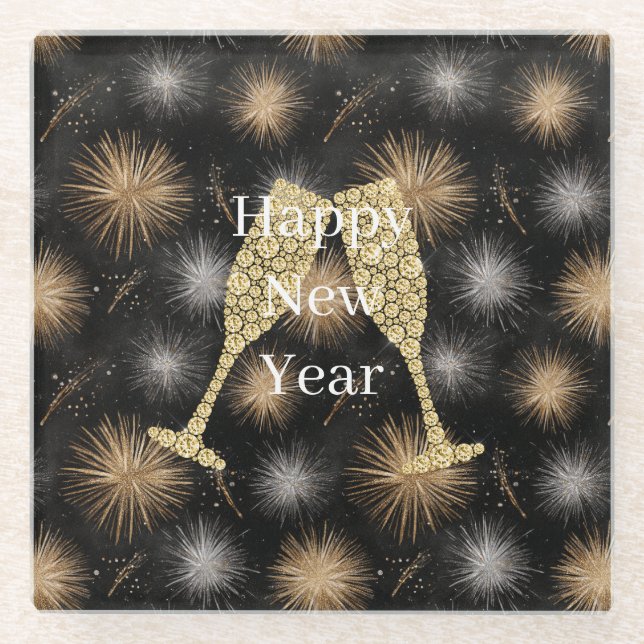 Dessous-de-verre En Verre Diamond Champagne Happy New Year Black Fireworks (Devant)
