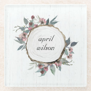 DESSOUS-DE-VERRE EN VERRE DIAPOSITIVE EN BOIS RUSTIQUE ROSE FLORALE EUCALYPT