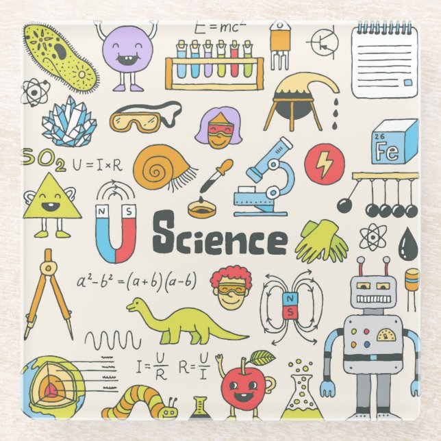 Dessous-de-verre En Verre Doodles de science : Ensemble d'écoles à main. (Devant)