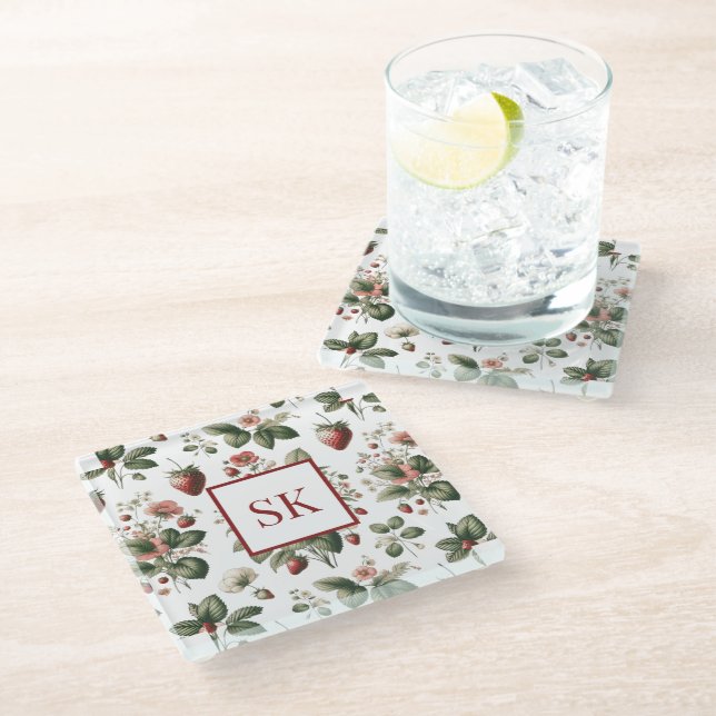 Dessous-de-verre En Verre Doux motif de fraise et de fleurs avec monogramme  (Incliné)