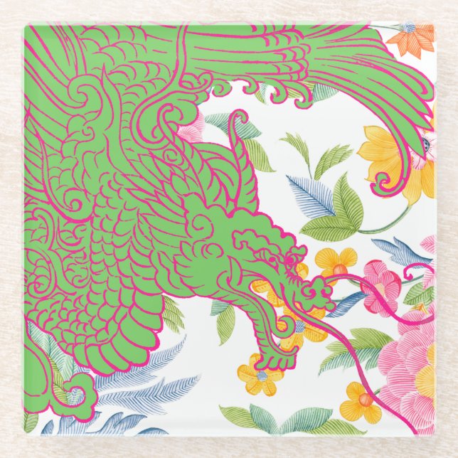 Dessous-de-verre En Verre Dragon asiatique - Floral rose et vert (Devant)
