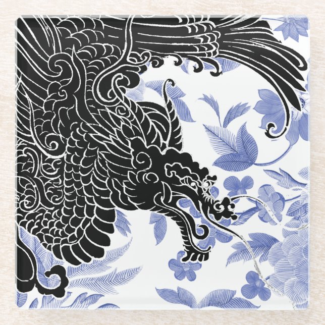 Dessous-de-verre En Verre Dragon asiatique - Noir et blanc sur Floral bleu (Devant)