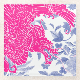 Dessous-de-verre En Verre Dragon asiatique - Rose et blanc sur Floral bleu