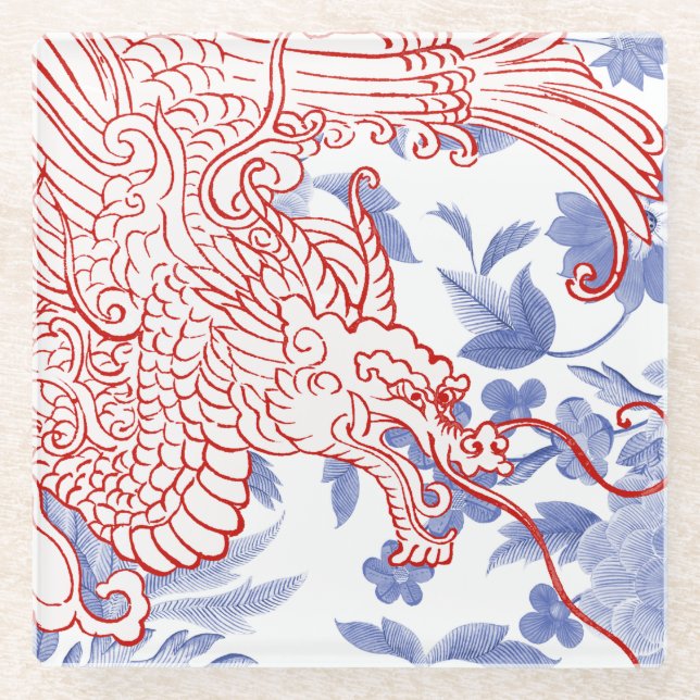 Dessous-de-verre En Verre Dragon asiatique - Rouge et blanc sur Floral bleu (Devant)