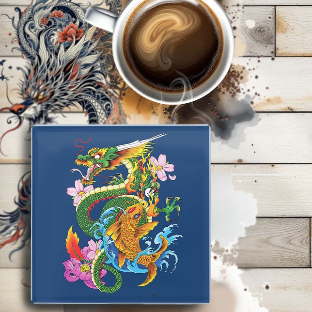 Dessous-de-verre En Verre Dragon chinois vert Koi (Créateur téléchargé)