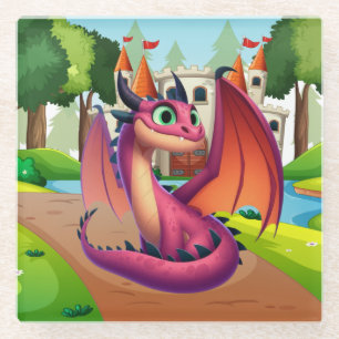 Dessous-de-verre En Verre Dragon de dessin animé mignon violet/rouge