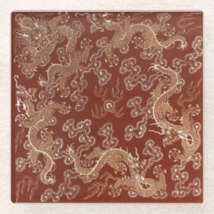 Dessous-de-verre En Verre Dragon de soie rouge et or impérial