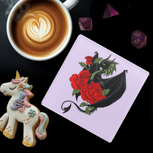 Dessous-de-verre En Verre Dragon Noir Mystique Roses Rouges Lavande Gothique