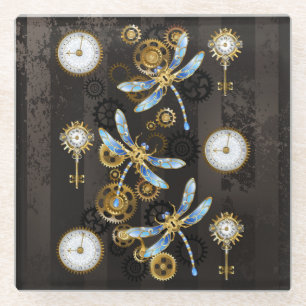 Dessous-de-verre En Verre Dragonflies de Steampunk sur arrière - plan rayé