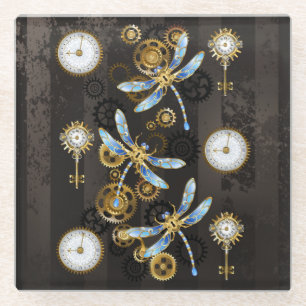 Dessous-de-verre En Verre Dragonflies de Steampunk sur arrière - plan rayé b